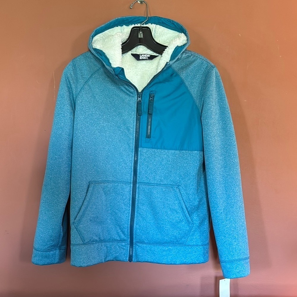 NWT Lands' End Hooded Fleece Sherpa Jacket  Youth XL (14-16) Blue Full Zip
